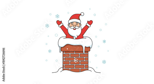 A happy line-art Santa Claus with outstretched arms emerges from a snow-covered brick chimney, surrounded by falling snowflakes.