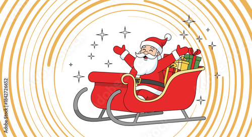 A joyful cartoon Santa Claus rides in his sleigh full of gifts against a background of swirling golden lines and stars.