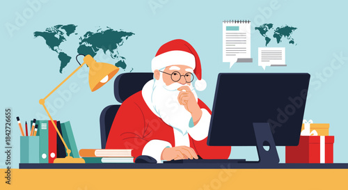 A thoughtful Santa Claus works at his modern office desk, using a computer to manage Christmas gift lists and global logistics.