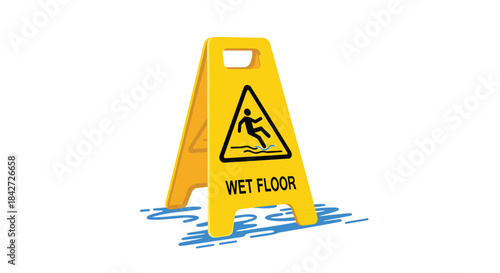 A yellow 'Wet Floor' sign stands in a puddle of water, providing a clear caution warning to prevent slips and falls.