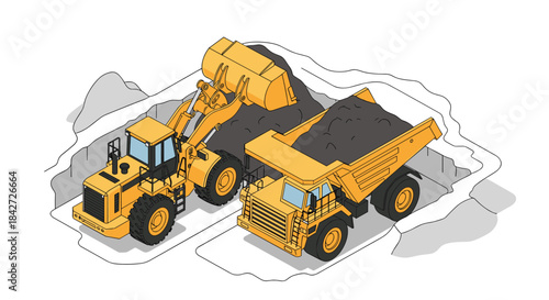 Isometric view of a wheel loader transferring coal or ore into a large mining haul truck in an open-pit mine operation.