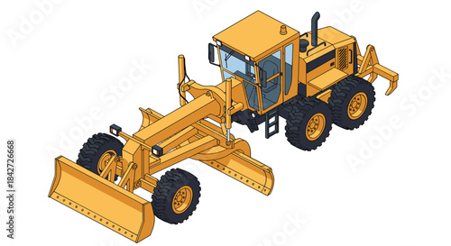An isometric illustration of a yellow motor grader, a heavy construction vehicle used for creating flat surfaces during roadwork.