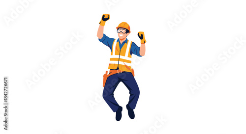 An excited construction worker jumps for joy with his fists in the air, celebrating the successful completion of a project.