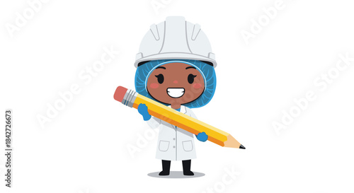 A cute female cartoon engineer in full protective gear holds a large pencil, representing planning, design, and education in STEM.