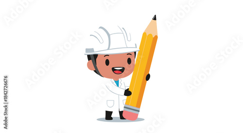 A cute cartoon scientist or engineer character in a hard hat and lab coat holding a giant yellow pencil for notes or design.