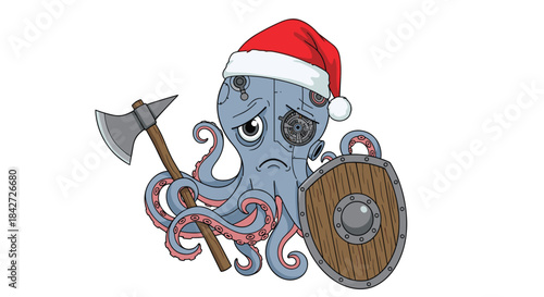A sad robot octopus warrior wearing a Santa hat holds a Viking shield and axe, creating a unique and quirky Christmas character.
