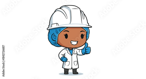 A cute female cartoon scientist in a hard hat and lab coat gives a thumbs-up gesture, showing approval and success.