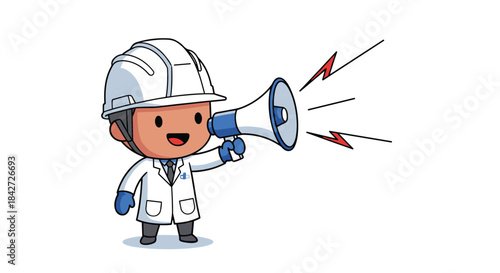 A cute cartoon scientist character in a lab coat and hard hat shouts into a megaphone to make an important announcement.