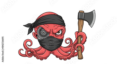 An angry robot octopus ninja wearing a mask and holding an axe, creating a fierce and intimidating warrior character design.