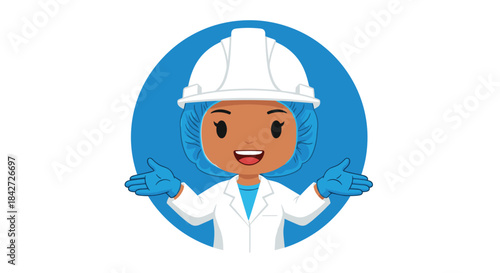 A friendly female cartoon scientist with open arms, shown in a circular frame ideal for a professional avatar or profile icon.