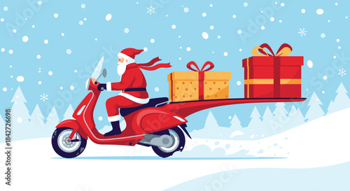 Santa Claus delivers large Christmas presents on a red scooter through a snowy winter landscape, offering a modern delivery concept.