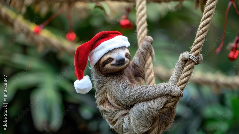 Naklejka premium Sloth wearing Santa hat hanging on rope in tropical forest for Christmas and holiday concept