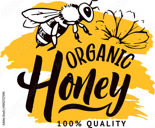A logo for organic honey with a bee on it