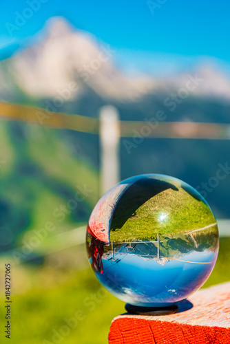 Crystal ball alpine landscape shot with Mount Biberkopf in the background seen from Steffisalp, Warth, Bregenz, Vorarlberg, Austria