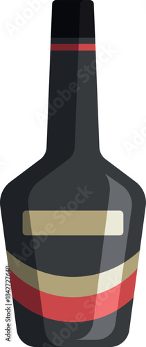 A bottle of liquor is shown in a black and red color scheme