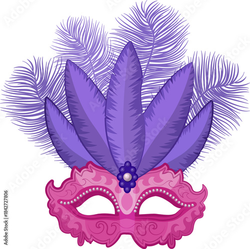 A purple mask with feathers on it