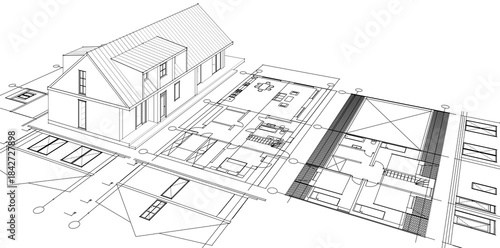 house architectural project sketch 3d illustration	
