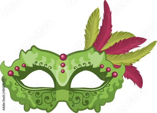 A green mask with feathers and beads on it