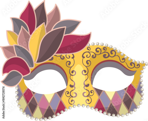 A gold and purple mask with a flower on it