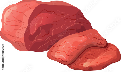 A piece of meat is cut into slices