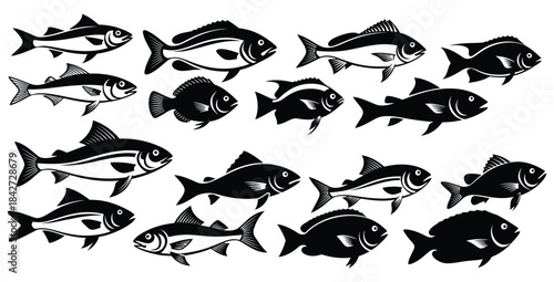 Collection of stylized black and white fish icons representing various aquatic species for design use