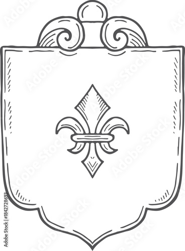 A black and white drawing of a shield with a fleur de lis on it