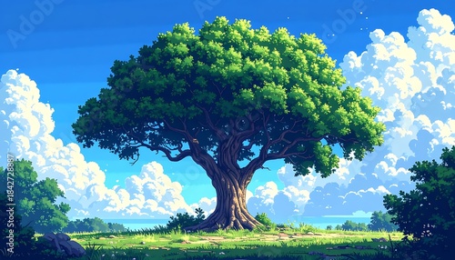 Large tree dominates a grassy plain under a bright blue sky filled with puffy, white clouds