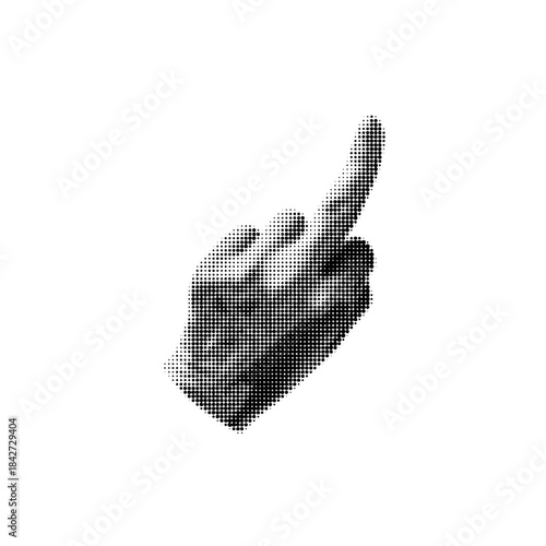 Halftone grainy fuck off hand gesture retro noise photocopy effect, vector grunge middle finger hand sign, obscene palm