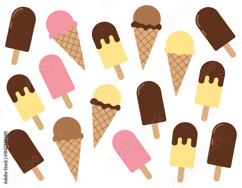 Colorful ice cream popsicles and cones in various flavors icecream vanilla