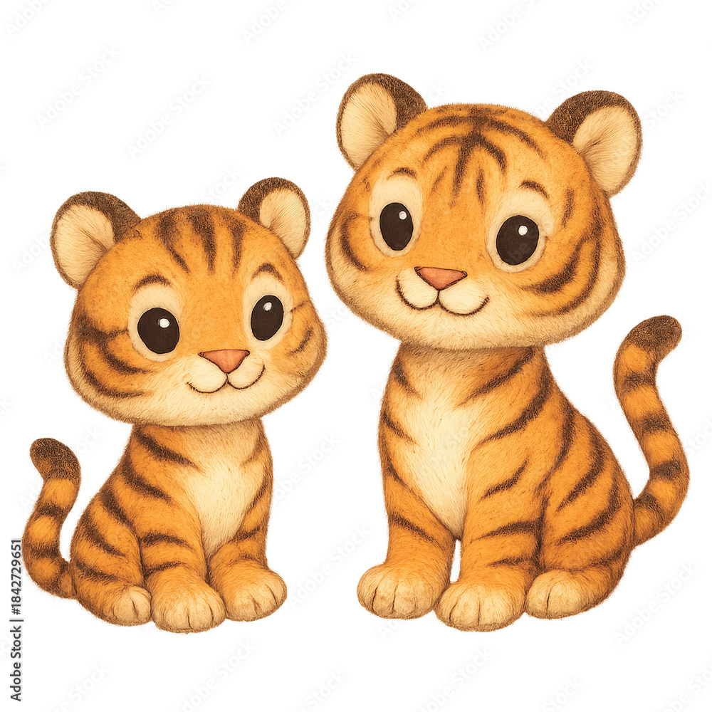 Obraz premium Pencil-style illustration of two cute baby tigers sitting side by side with big eyes, soft fur texture, and friendly expressions. Perfect for children’s projects, learning materials, and animal themes