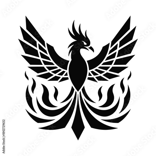 Stylized phoenix rising from flames in black and white