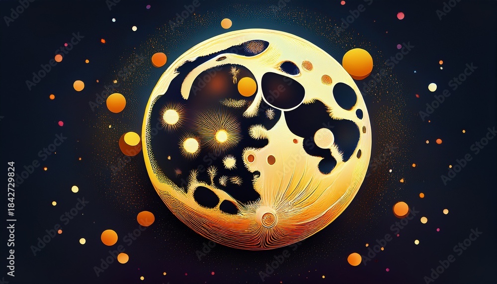 Fototapeta premium a stylized light yellow moon dotted with bright orange circles stands out against a dark night sky