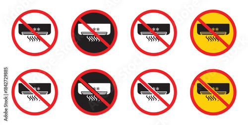 No air conditioner icon. Forbidden Sign Air Conditioner ,black and red isolated silhouette. Forbidden air conditioner vector icon. Warning, caution, attention, restriction, label, ban, danger.