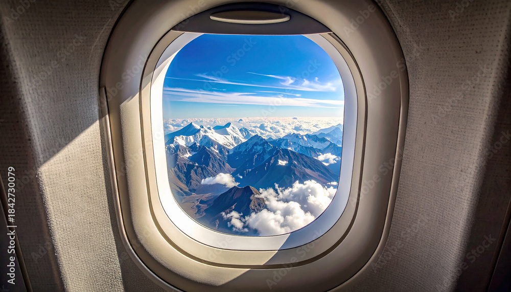Fototapeta premium Mountains view through a jet plane window high on the blue sky