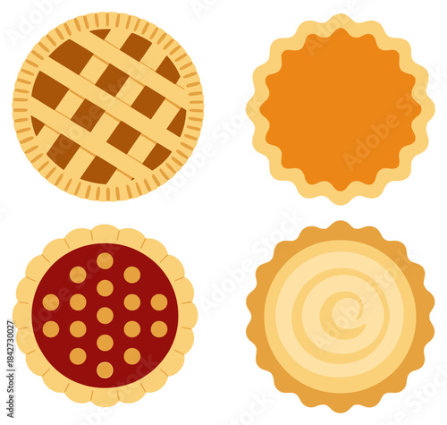 Four illustrated pies with different fillings and crust pastry lattice