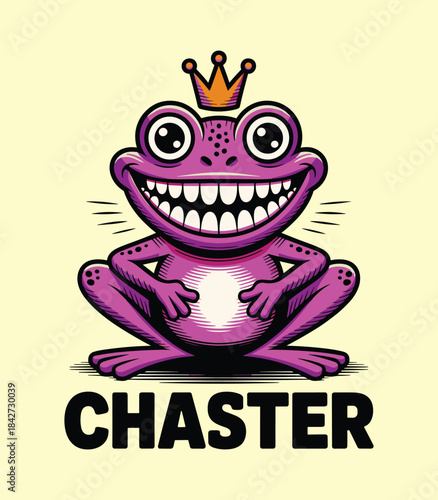 Chaster Brand Pink Frog Mascot with Crown & Toothy Grin Cartoon Design t-shirt design