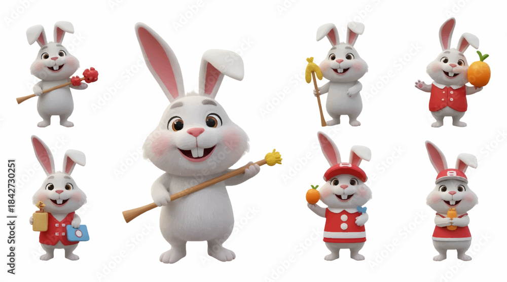 Fototapeta premium Cute 3D Cartoon Rabbit Character Set Carrot Staff Mascot