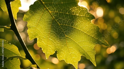 Leaf in Sunlight: A close-up showcases a singular leaf illuminated by the sun, its intricate veins and vibrant color on display, emphasizing the beauty of nature's design.