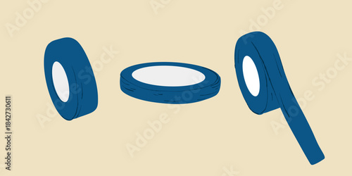 Ribbon rolls, navy tape illustration. Navy ribbon roll set, tape and ribbon icons. Ribbon spool vector, packaging ribbon rolls