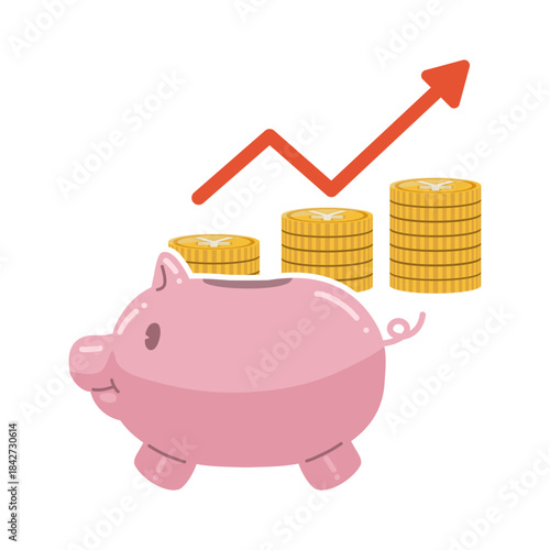かわいい豚の貯金箱に、エンマークが書かれたコインが増加していくイラスト