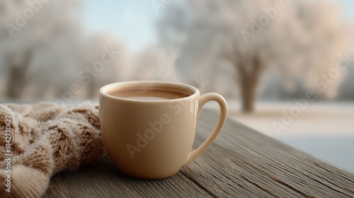 Steaming hot coffee mug and a cozy knitted blanket on a wooden table in a frosty winter landscape