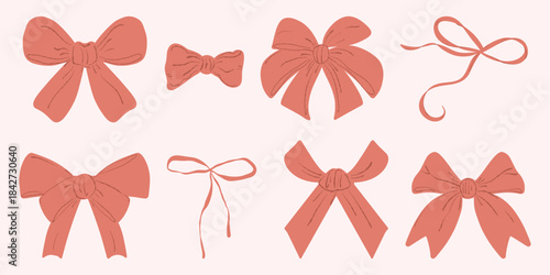 Terracotta bow set, warm ribbon collection. Warm bow pack, decorative ribbon icons. Bow collection, earthy tone ribbon set