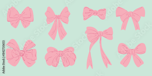 Pink bow set, girlish ribbon collection. Ribbon bow pack, pastel pink icons. Cute bow set, decorative gift and hair bows