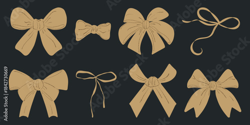 Gold bow set, decorative ribbon icons. Elegant bow collection, gold ribbons. Festive bow pack, ornament and gift bows