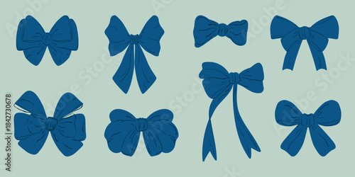 Navy bow set, ribbon icons. Blue ribbon collection, gift and hair bows. Navy bow pack, decorative knot vector illustrations