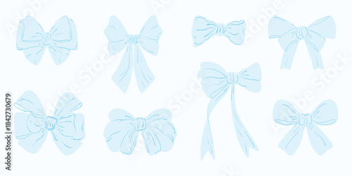 Pale bow set, soft ribbon collection. Light blue bow icons, decorative ribbons. Pastel bow pack, cute bow vectors