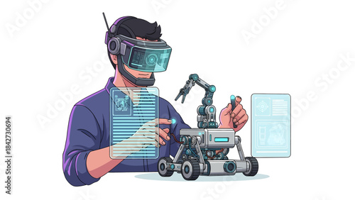 Engineer Using VR to Control Robot Arm in Modern Tech Lab