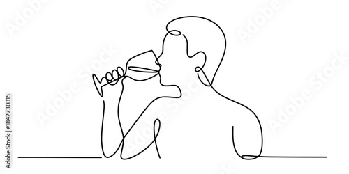 Minimalist continuous line drawing of a person enjoying a glass of wine Vector, illustration