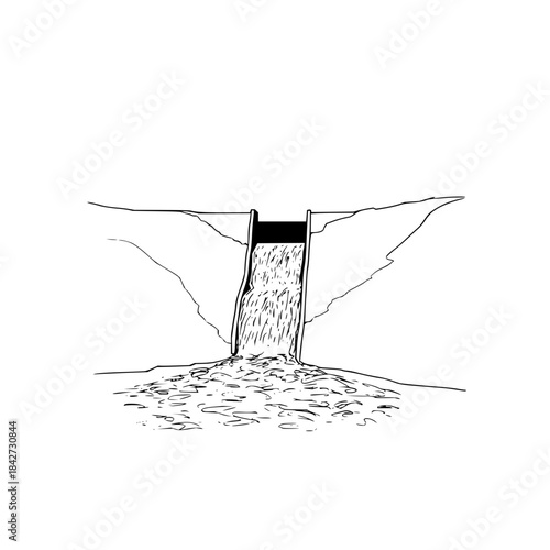 Black and white drawing of a dam with water flowing downstream for nature and landscape illustrations