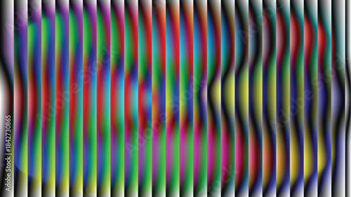 abstract multicolor wave interference with black and white vertical stripes and labeled path and x markers in a vibrant digital art composition for scientific or creative visualization